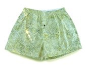 Womens L Cotton Boxer Shorts, soft green dot floral batik fabric (U/GR007)