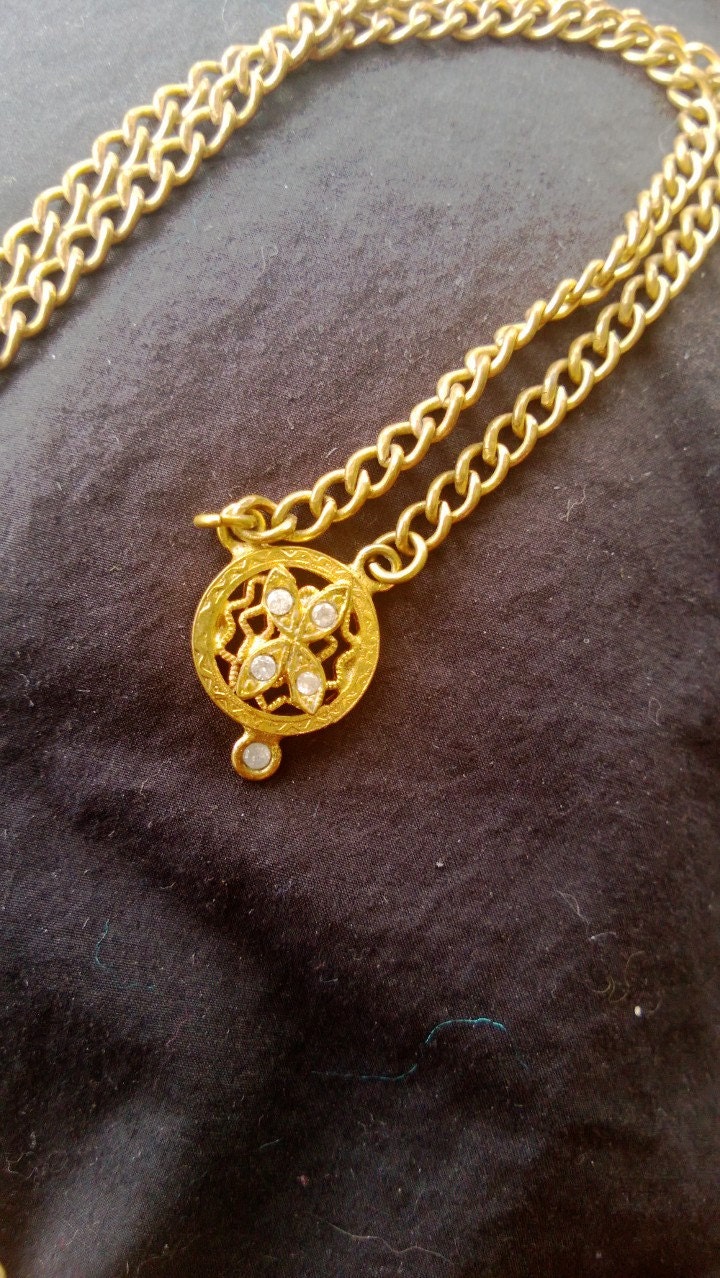 New Life: Ornate Love - 5 Genuine round cut diamonds in a vintage ornate necklace. Yellow gold plated. OOAK gift idea