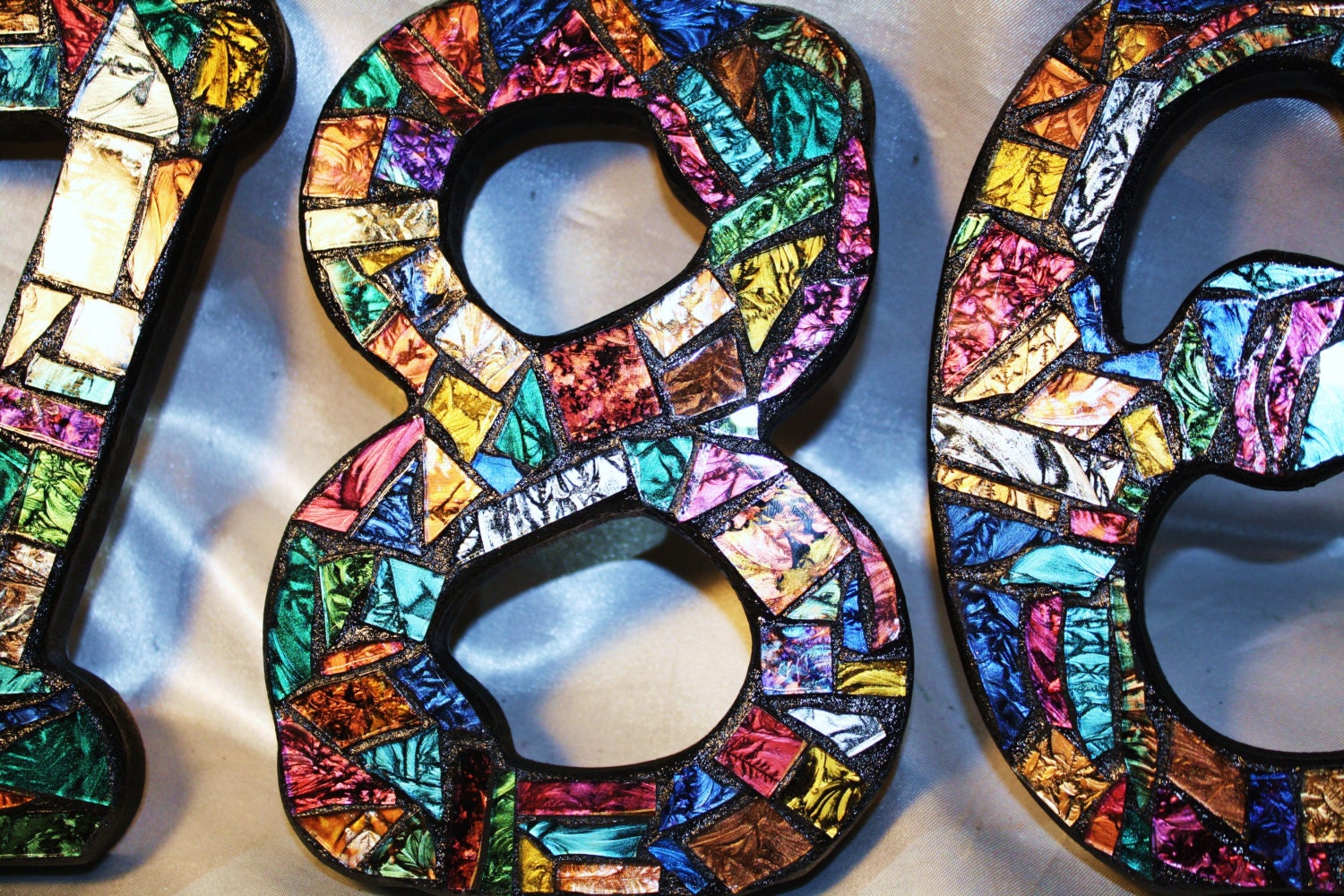 Custom Made Stained Glass Mosaic House Numbers - Multi-Colored Van Gogh Glass