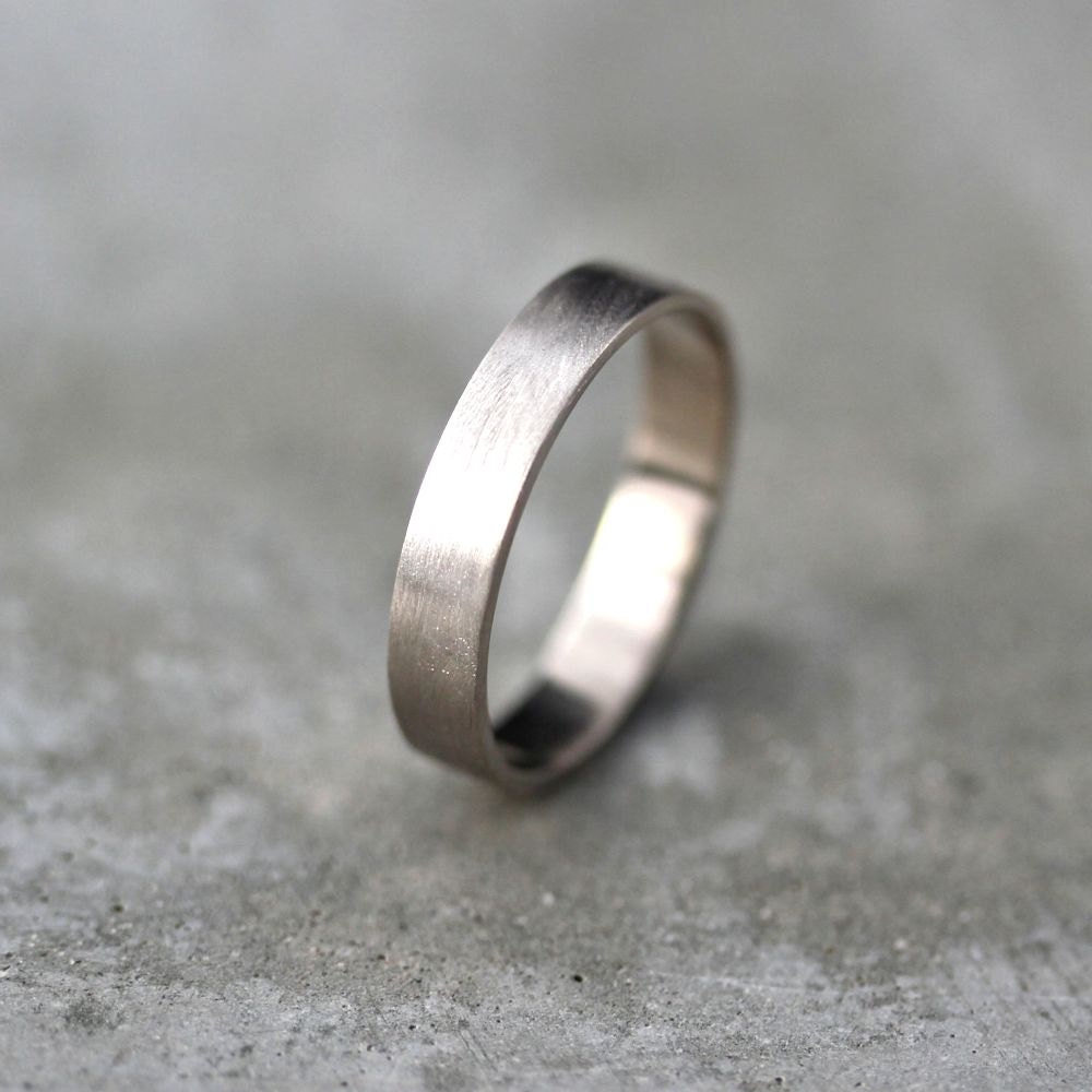 Men's Gold Wedding Band, Unisex 4mm Brushed Flat 14k Recycled Palladium White Gold Wedding Ring Gold Ring -  US Size 9 or Made in Your Size