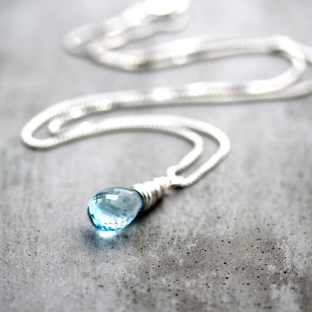 Blue Birthstone Necklace, Rain Dark Sky Blue Topaz Gemstone Sterling Silver Necklace December Birthstone Jewelry  - Raindrop
