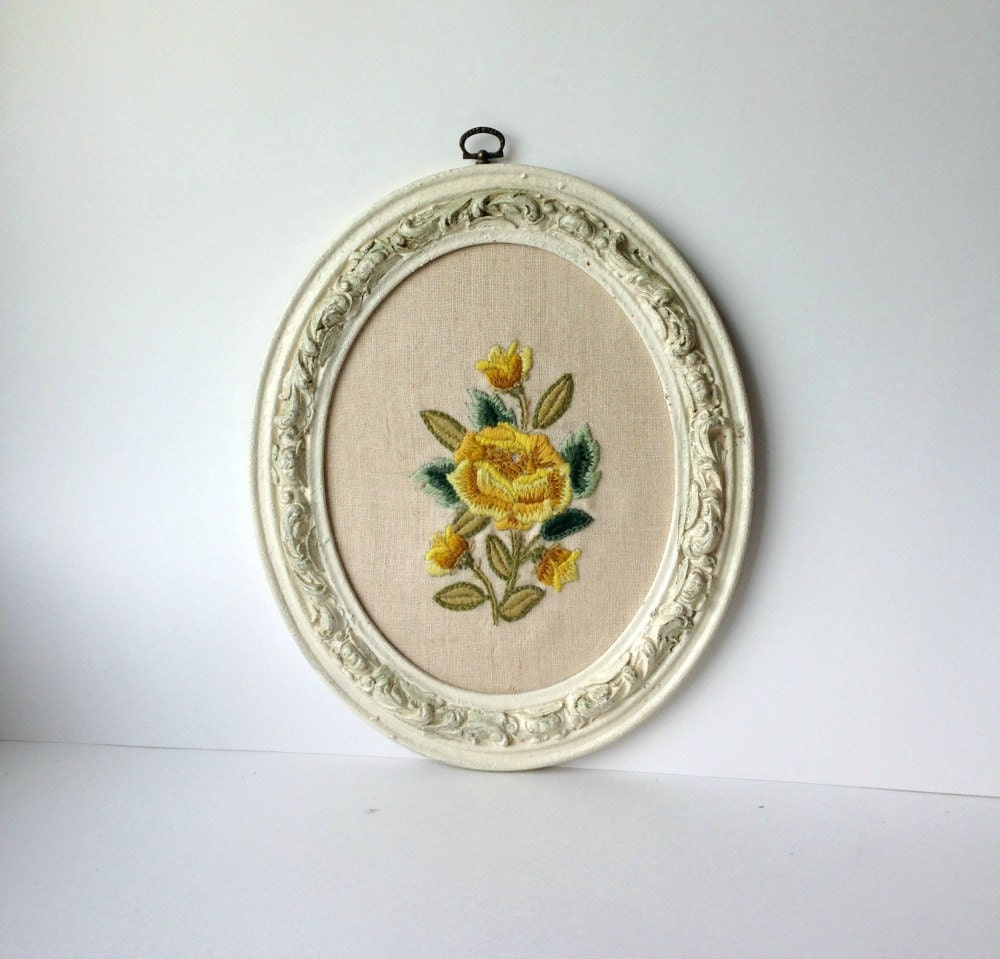 White Gesso Oval Framed Embroidered Yellow Roses