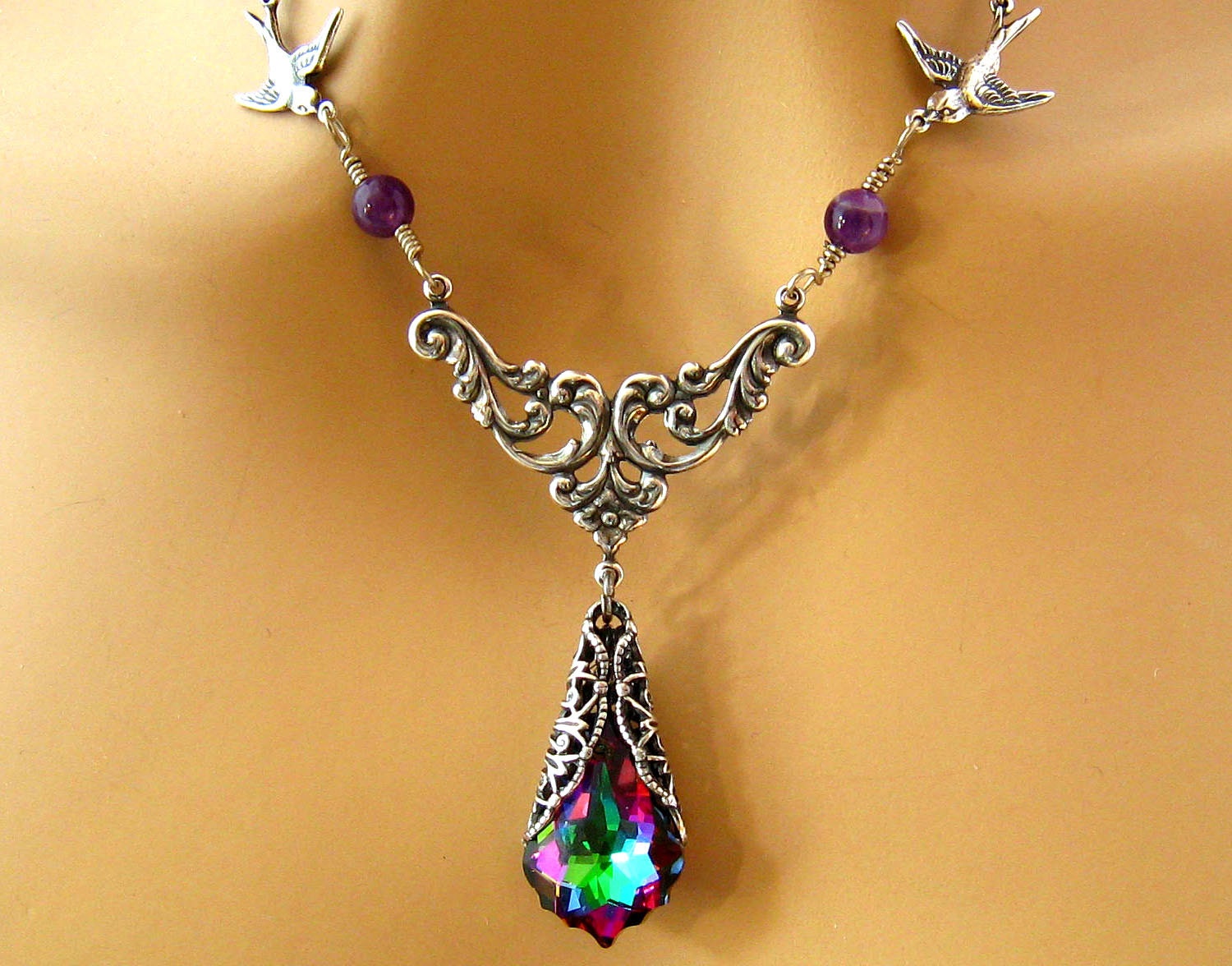 Art Nouveau Purple Bridesmaids Necklace Baroque Swarovski Electra Purple Crystal Necklace Amethyst Birds Bridal Jewelry Wedding Jewelry