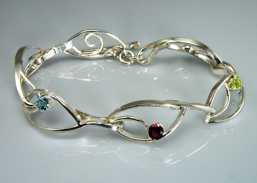 Sterling Leaves Bracelet with Gemstones - Topaz, Peridot, Garnet, Fine Silver