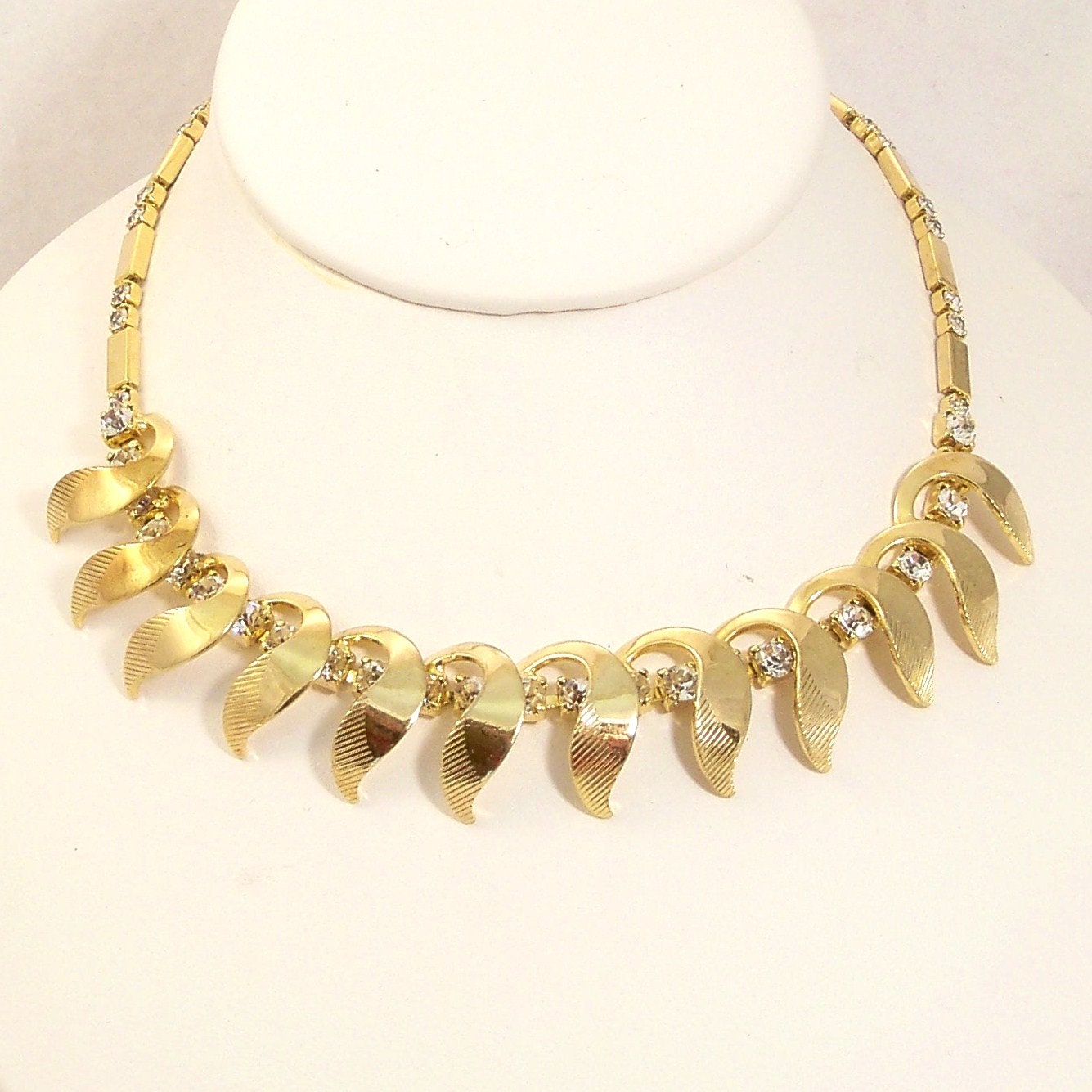 Vintage Mad Men Necklace New 1960s Gold Rhinestone Collar