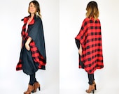 red & black PLAID buffalo check draped CONVERTIBLE reversible CAPE coat, one size fits all