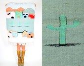 southwestern PASTEL village & cacti hand WOVEN native american RUG, 28" x 41"
