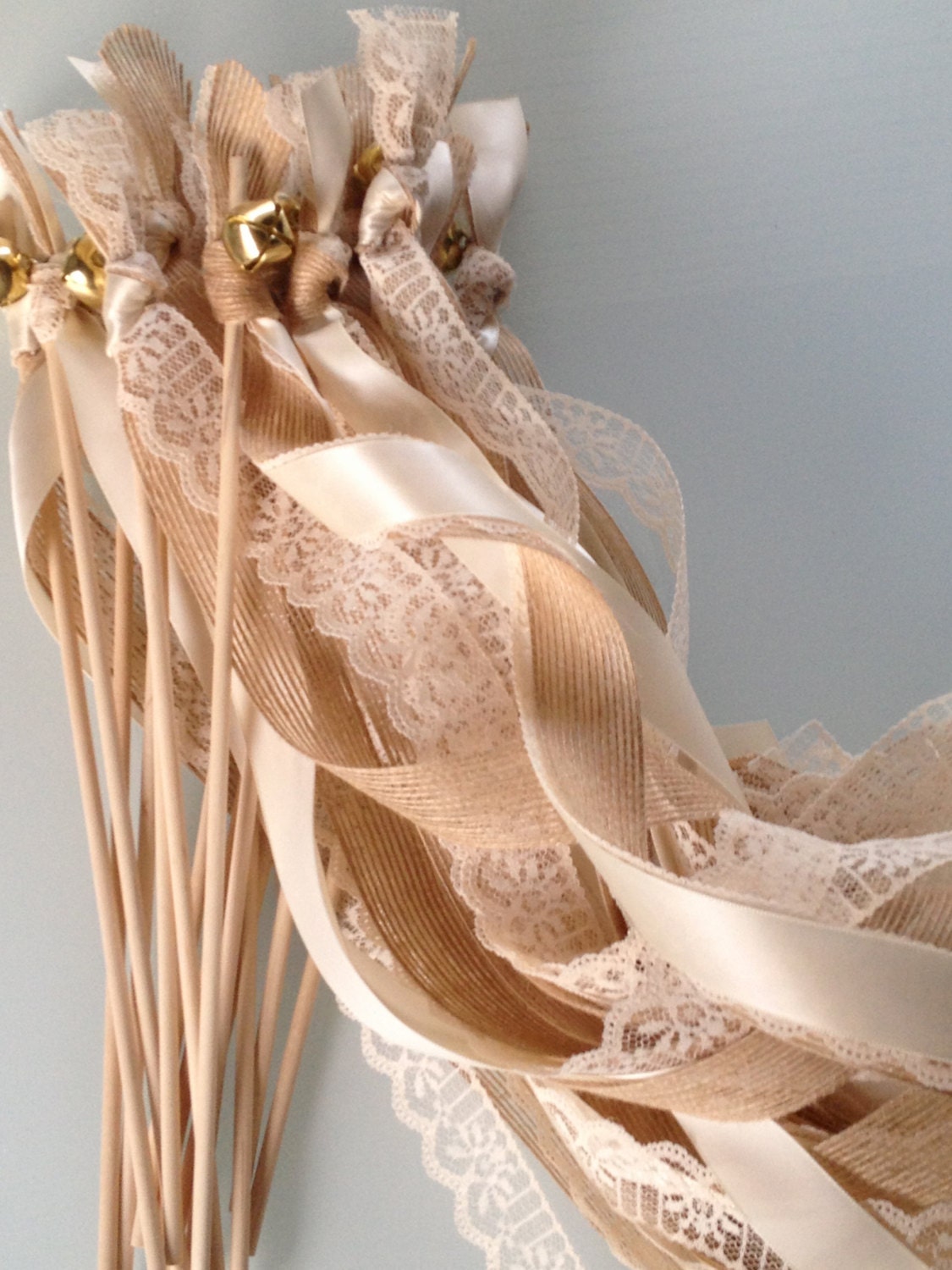 50 Triple Ribbon Wedding Wands Lace and Burlap Jute Ribbon Bells Streamers Birthday Party Gold Silver