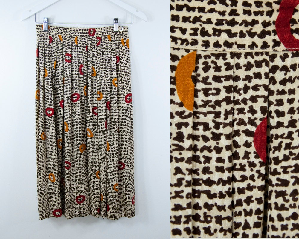80s Vintage Silk Print Pleated High Waist Skirt (XS, S)