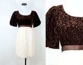 60s Vintage Brown Floral Velvet Dress (S)