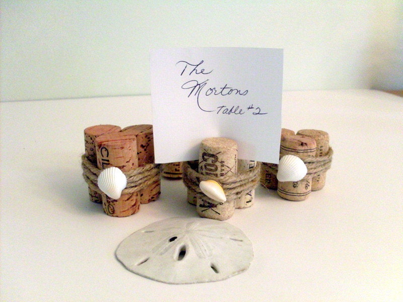 Cork Place Card Holders with shells, set of 6, Rustic, beach decor