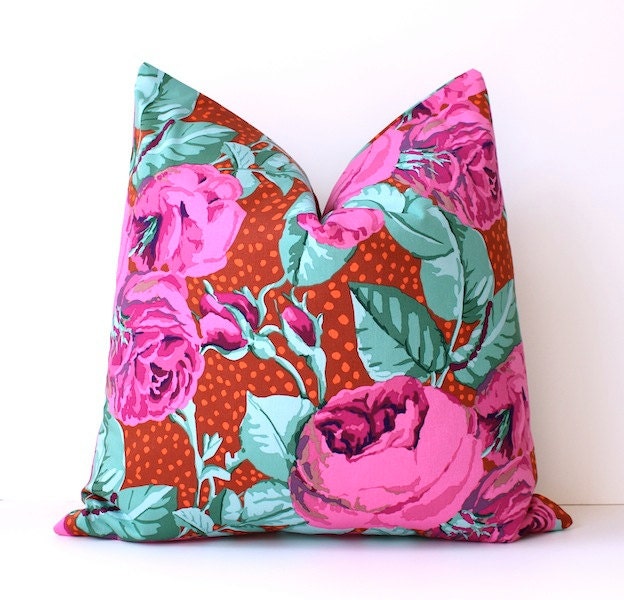 Modern Pink Green Orange Decorative Pillow Cover 18" Accent floral large flowers aqua blooms neon fuchsia roses orange mint rust spots