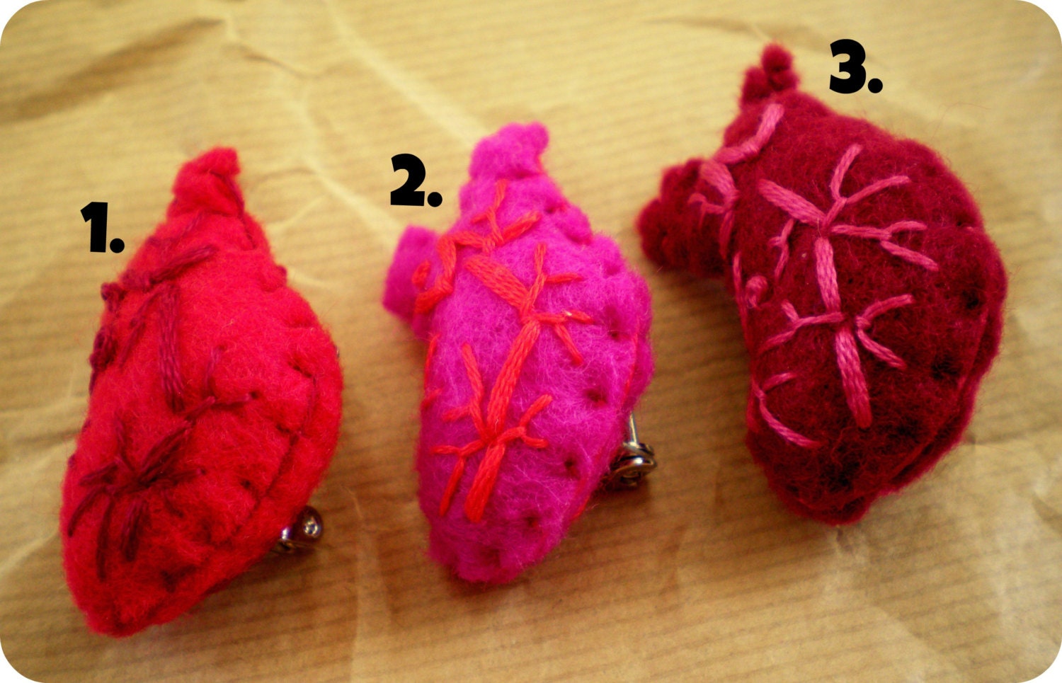 Anatomical Heart Felt brooch PIN Dark PINK with red stitching number 2