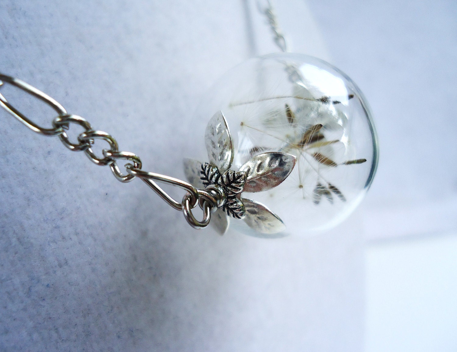 Real Dandelion Seed Glass Orb Necklace In Silver Medium Orb