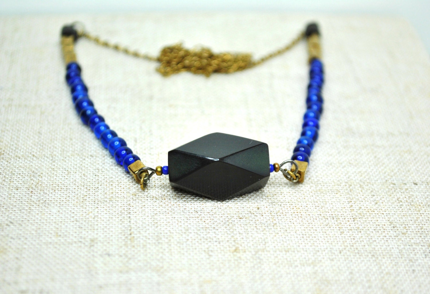 Statement necklace, geometric necklace, vintage bead necklace, repurposed necklace, cobalt blue, by nicobel