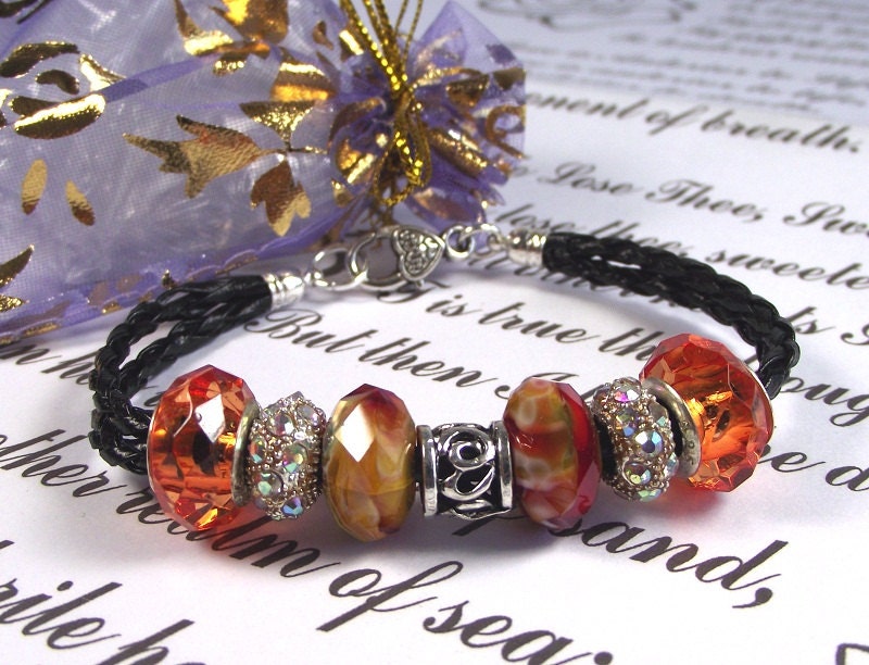 Black Leather Bracelet with Murano Beads, Beaded Bracelet, Women Leather Bracelet, Charms Bracelets, Glass Beads Bracelet