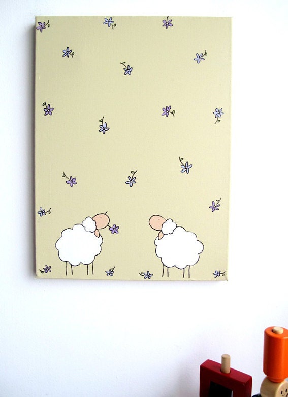Kids wall art -sheep , white and tan canvas painting for nursery, children decor,children art Kids wall art