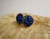 Blue Druzy Studs Drusy Earrings Titanium Quartz Gold Vermeil Bezel Set