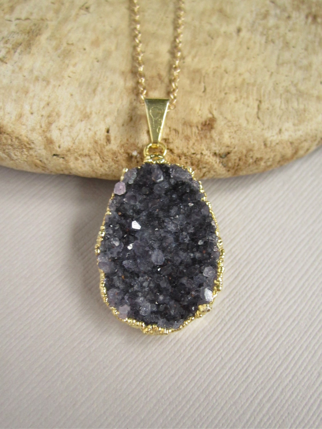 Navy Druzy Necklace Drusy Quartz Pendant 14K Gold Fill