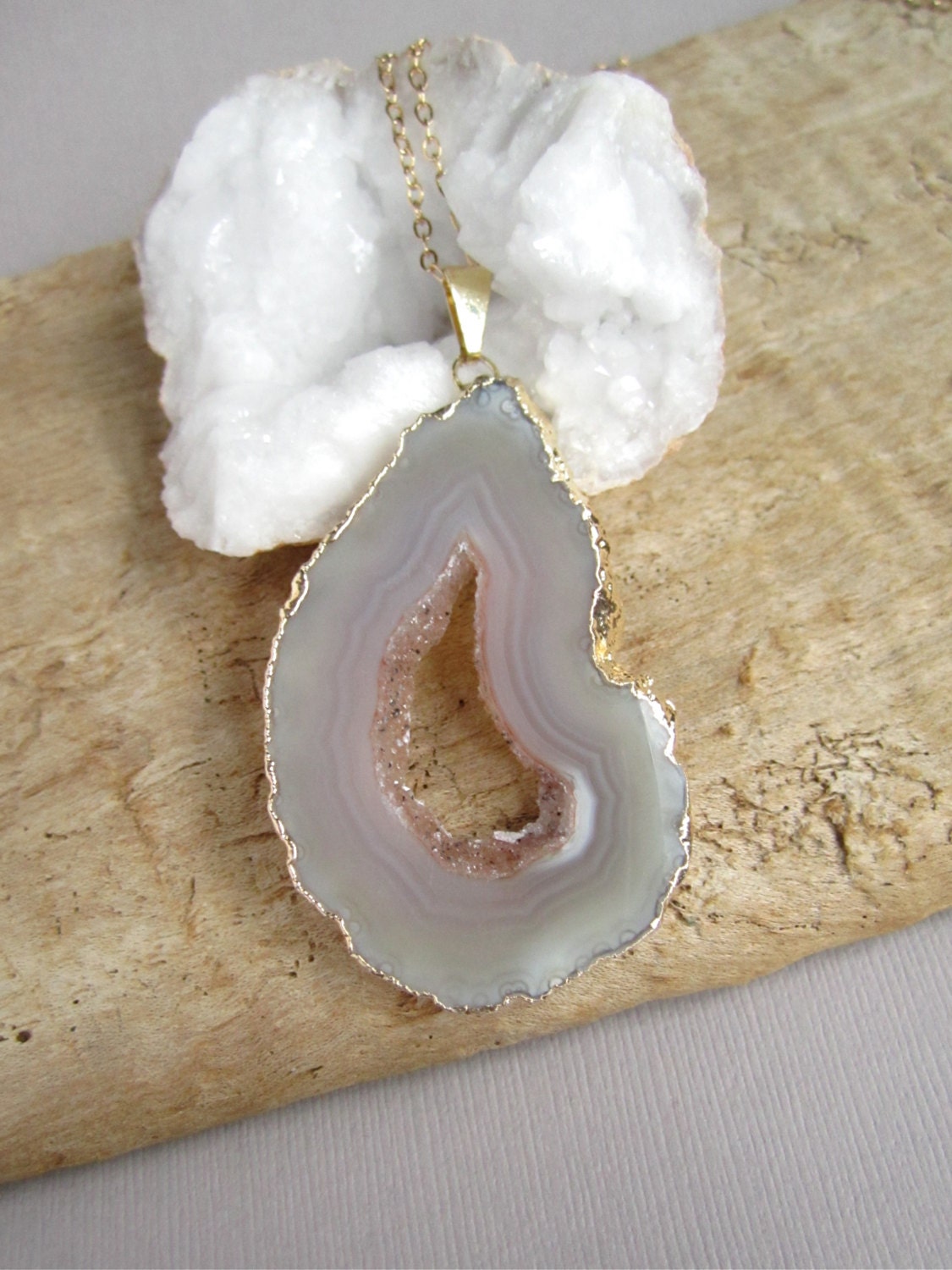 Agate Geode Slice Necklace Druzy Drusy Quartz Center 14K Gold Fill Chain 28" Long