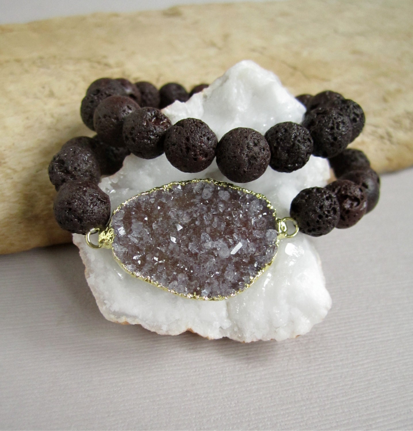 Agate Druzy Bracelet Drusy Quartz Brown Lava Stone Beaded Stretch Wrap