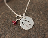 Custom Hand Stamped Sterling Silver Africa Charm Necklace with Africa stamp and birth stone