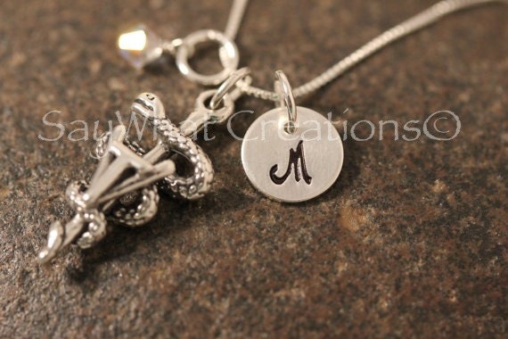Veterinary Tech Necklace Custom Hand Stamped Sterling Silver Mini Initial with Birthstone and Vet Tech Symbol Charm