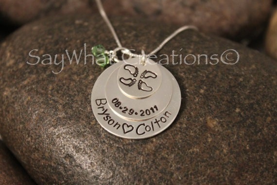 Custom Hand Stamped TWINS Necklace Stacked Three Disks Sterling Silver