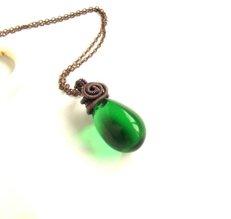 Irish green pendant antiqued copper necklace handmade wire wrapped jewelry