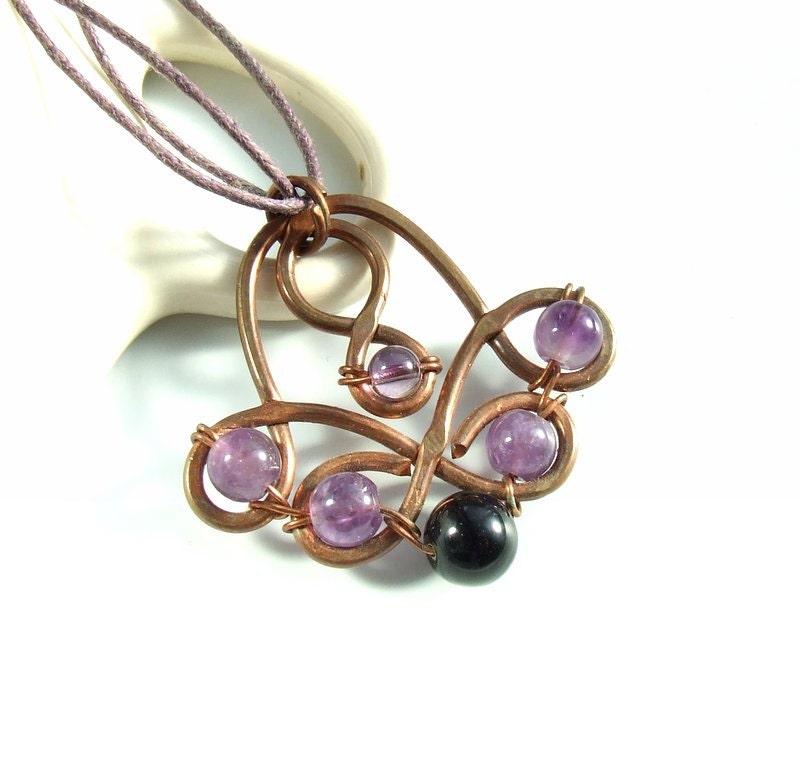 copper necklace, amethyst onyx stone pendant, handmade wire wrapped jewelry