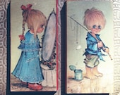 Big Eyed boy and girl wall art, 1960's Michel T. artwork