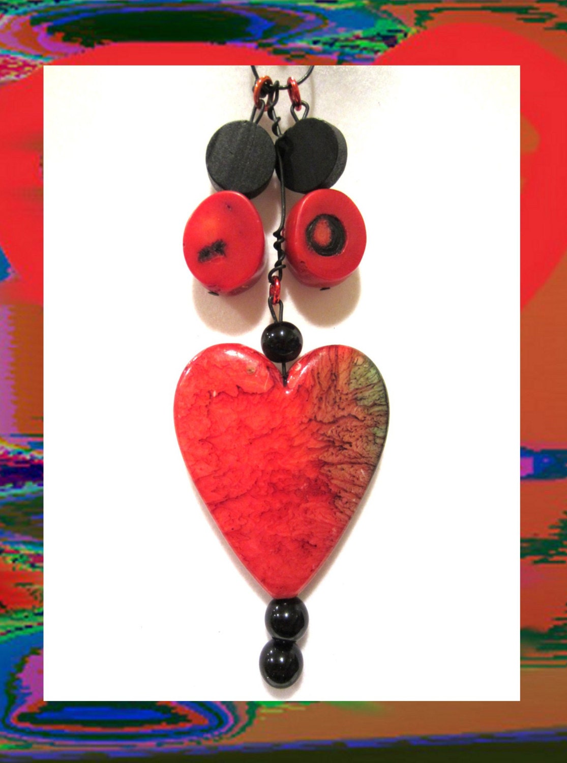Mother's Day Gifts,Artistic Jewelry,Handmade Original Jewelry , Funky Heart Pendant With Black Wire Art
