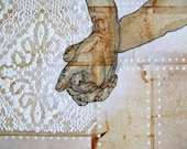 original mixed media painting of holding hands.  together.