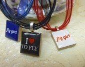 I Love To Fly and Fly Girl Flight Attendant Scrabble Tile Pendant Necklaces