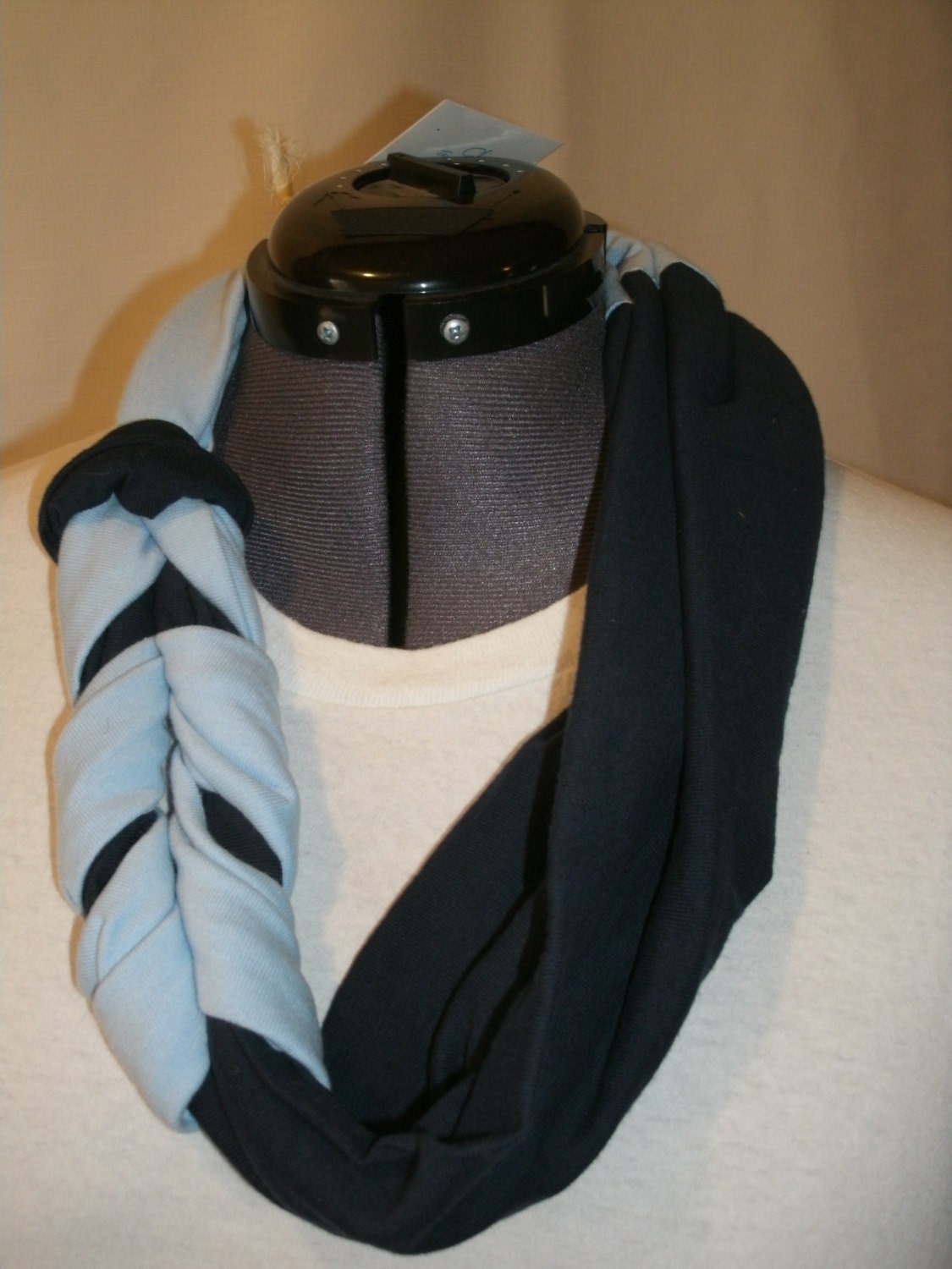 Recycled Two Tone Braided Chevron Tshirt Scarf Navy and Blue