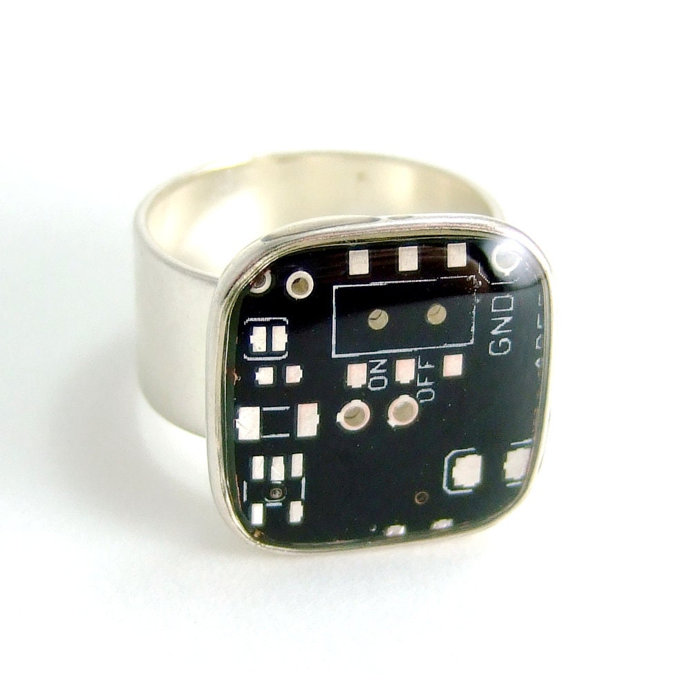 Circuit Board Ring -- Black, Square Domed -- Elegant Geekery