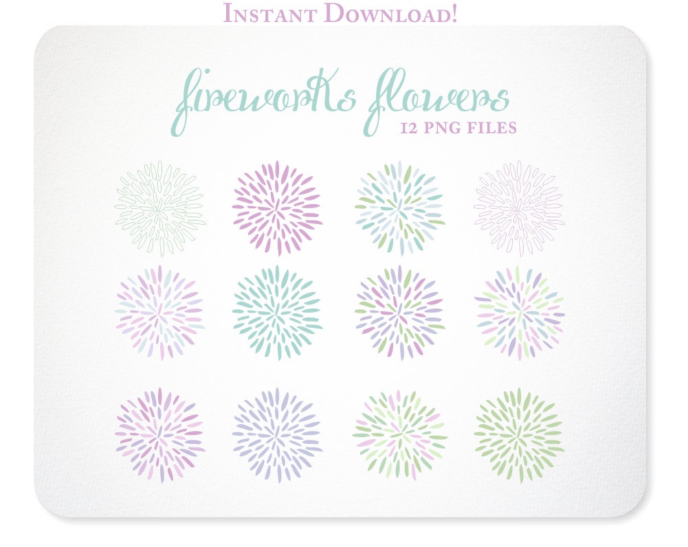 Fireworks Flowers Blooms Purple, Green, & Teal  Design Elements in - Instant Download -