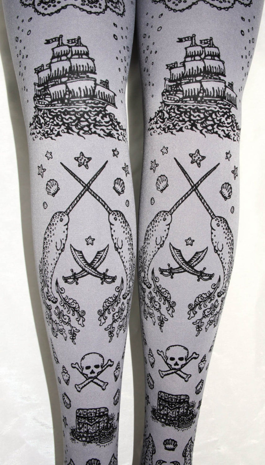Pirate Printed Tattoo Tights Medium Tall Black on Dove Grey Narwhal Octopus Nautical Women