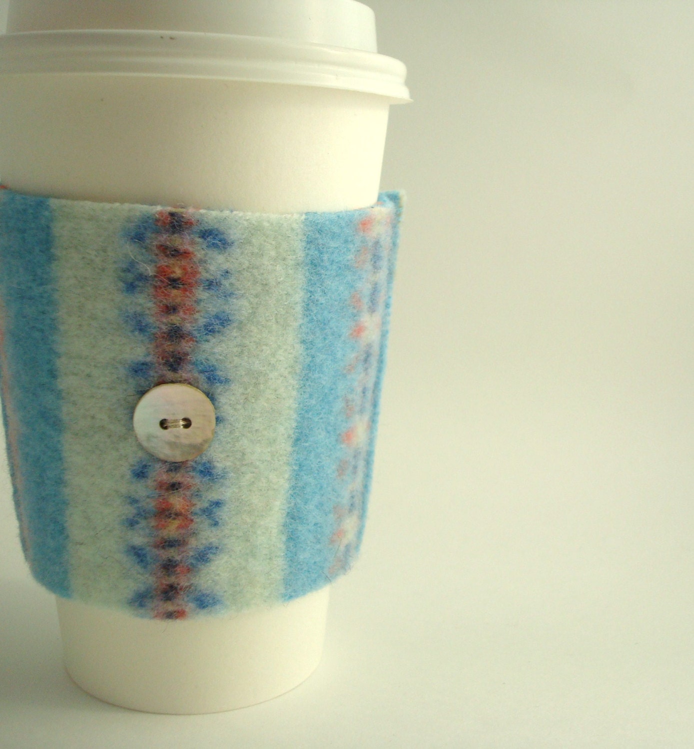 Coffee Cozy AQUA Fair Isle Felted Sweater Wool Coffee Cosy / Coffee Sleeve / Coffee Sweater