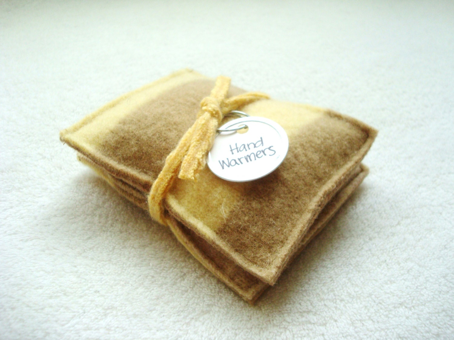 Hand Warmers YELLOW & TAN Striped Handwarmers Wool Rice Bags Eco Friendly by WormeWoole