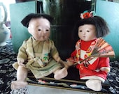 Sweet Pair of Antique Boy and Girl Japanese Dolls