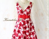 Miss Floral - Beautiful Floral Dress Red Floral Print Vintage Style Party Wedding Bridesmaid Country Dress XS-M