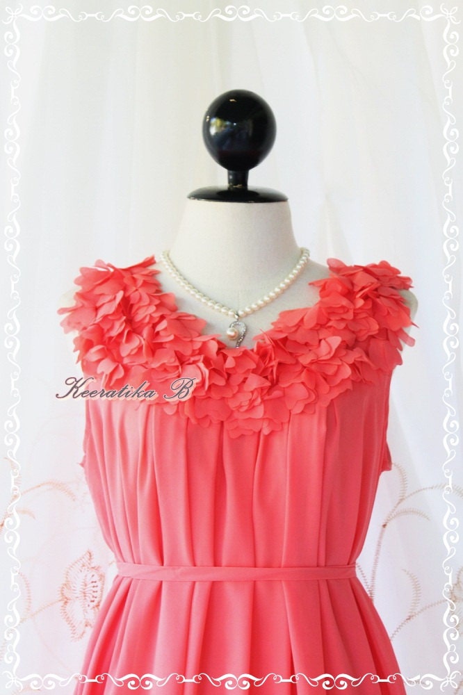 A Party III - Dress - Sweet Party Wedding Bridesmaid Cocktail Dinner Dress Coral Salmon Color Heart Ruffle Around Neck XS-M