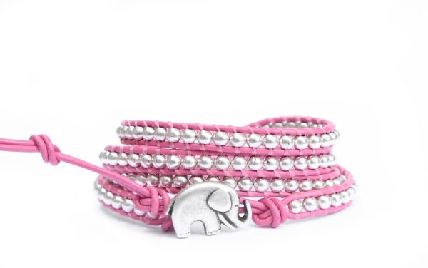 PInk and Silver  Beaded Leather Wrap Bracelet - the lucky elephant Original with Polished Silver Pewter & GOOD LUCK ELEPHANT Button