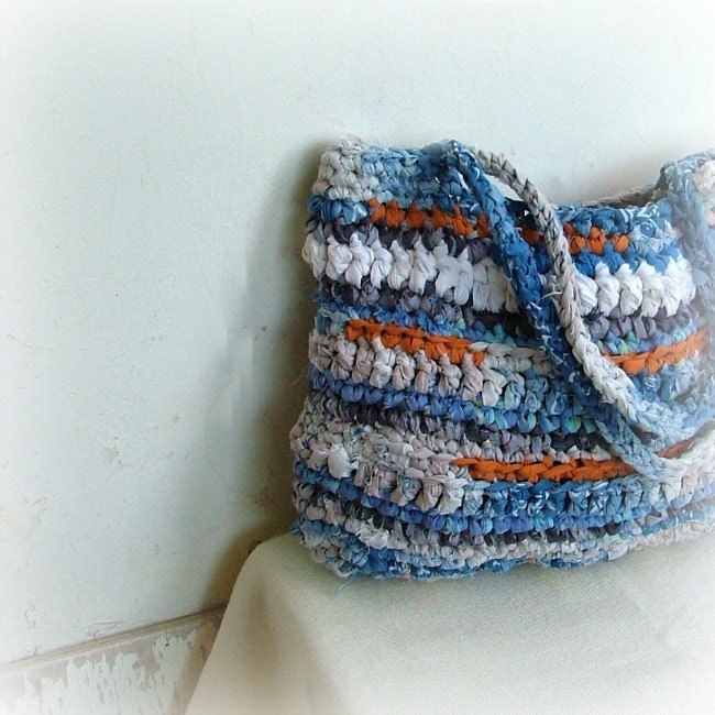 Eco friendly blue and orange crochet rag bag happy recycling :-)