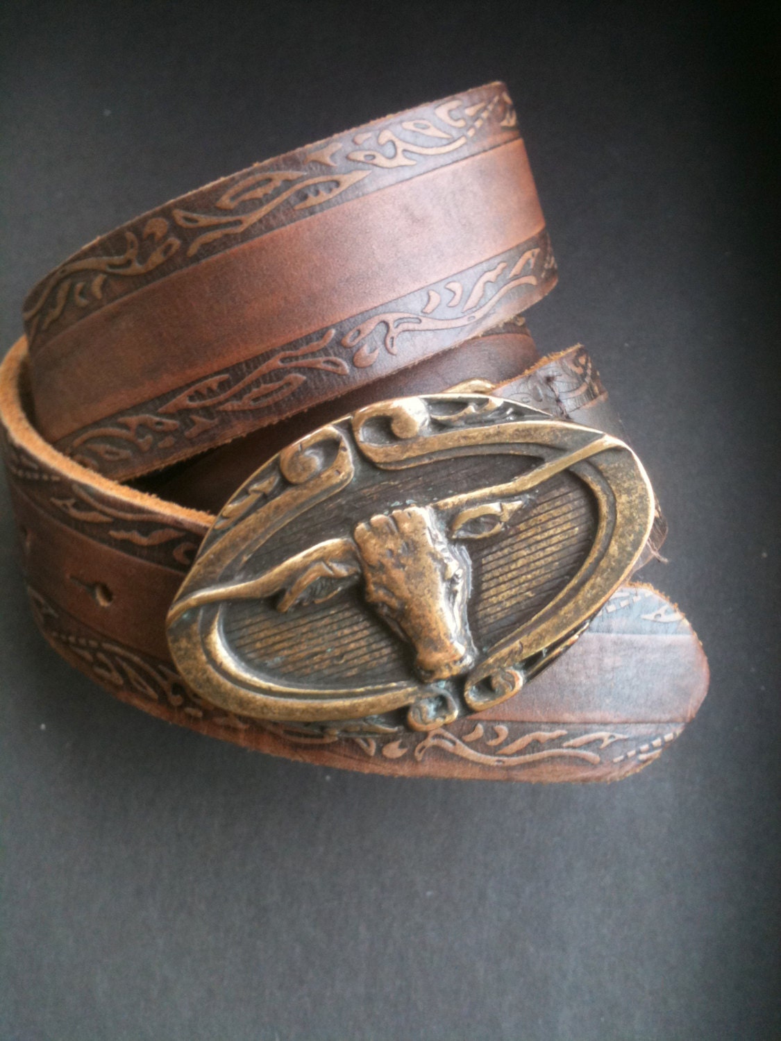 Vintage Brown Tooled Leather Longhorn Belt Size Medium
