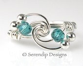 Birthstone Ring Sterling Silver Wire Wrapped Twist Swarovski Crystal Blue Zircon