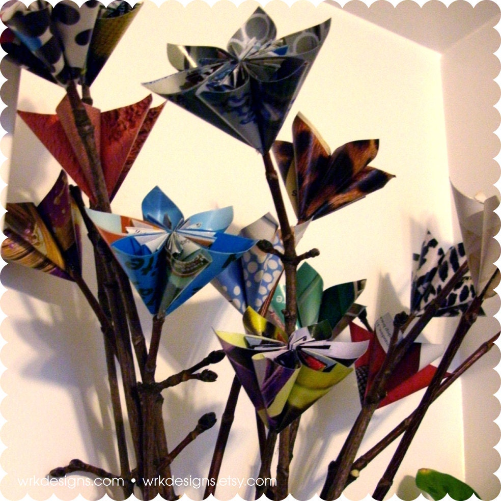Paper Flower Arrangement - Buy 4 Get 1 FREE - Recycled Home Decor - Real Stick Stems