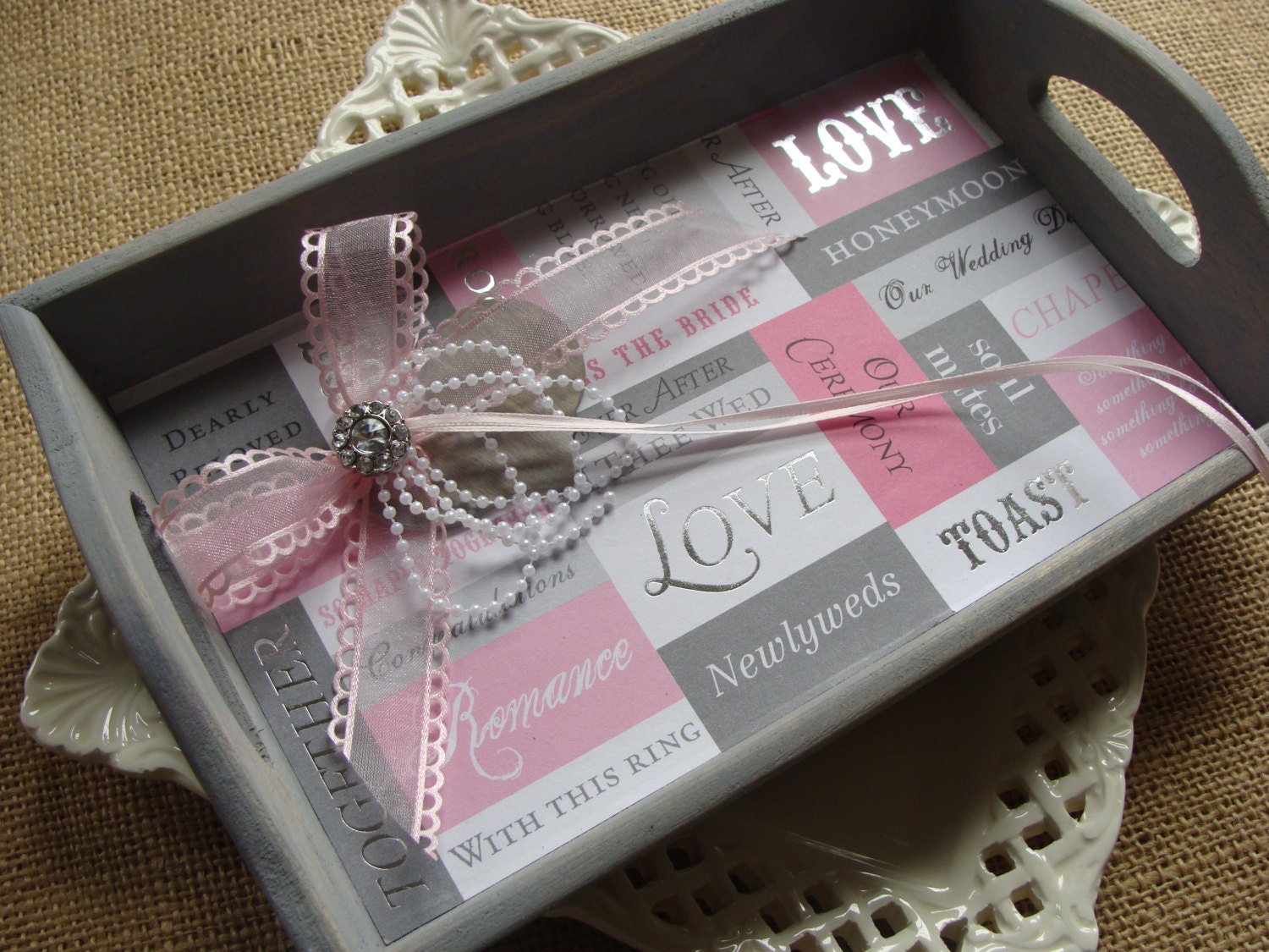 Wedding Ring Bearer TRAY - LARGE Gray & Pink Tray - Love, With This Ring ...