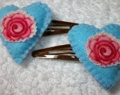 Pretty Blue and Pink  Felt  Heart Hair Clips